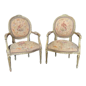 Antique French Louis XVI Giltwood Aubusson Tapestry Armchairs -A Pair