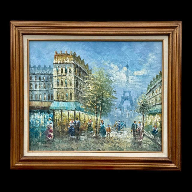 French Vintage Paris Cityscape Eiffel Tower Oil Painting, Large Framed Mid-Century Impressionist Art For Sale - Image 3 of 7