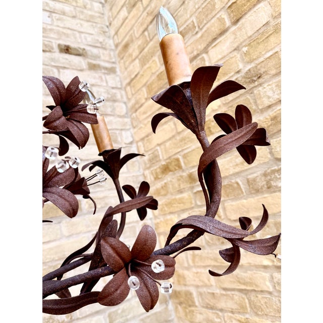 Mid 20th Century Vintage Italian Tôle Chandelier With Rustic Metal Leaves and Floral Motifs Accented With Crystals, 6 Lights For Sale - Image 5 of 12