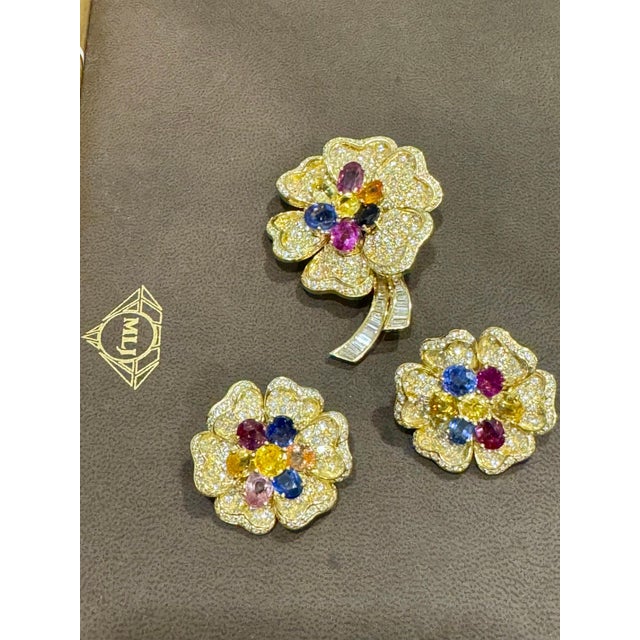 Metal 18k Yellow Gold Diamond & Multicolor Sapphire Flower Earrings by Designer Adler For Sale - Image 7 of 8