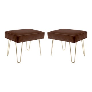 Petite Brass Hairpin Ottomans in Espresso Velvet by Montage - Pair For Sale