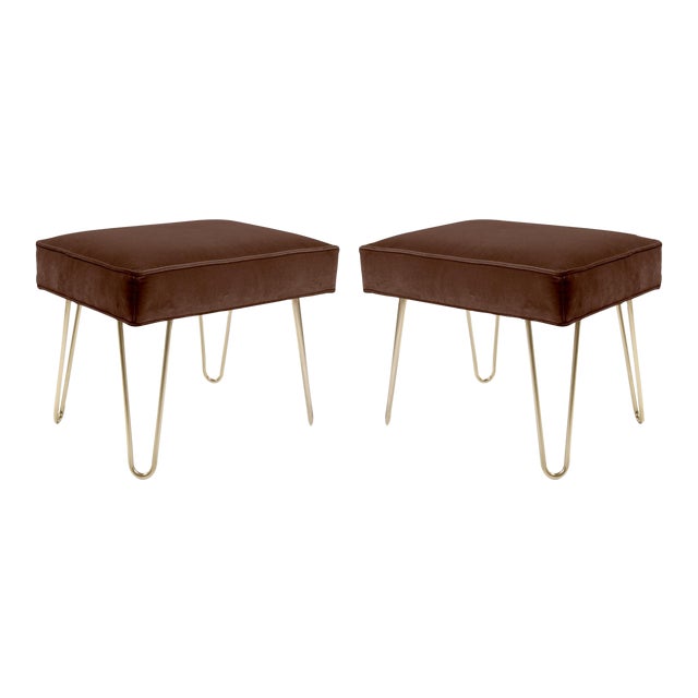Petite Brass Hairpin Ottomans in Espresso Velvet by Montage - Pair For Sale