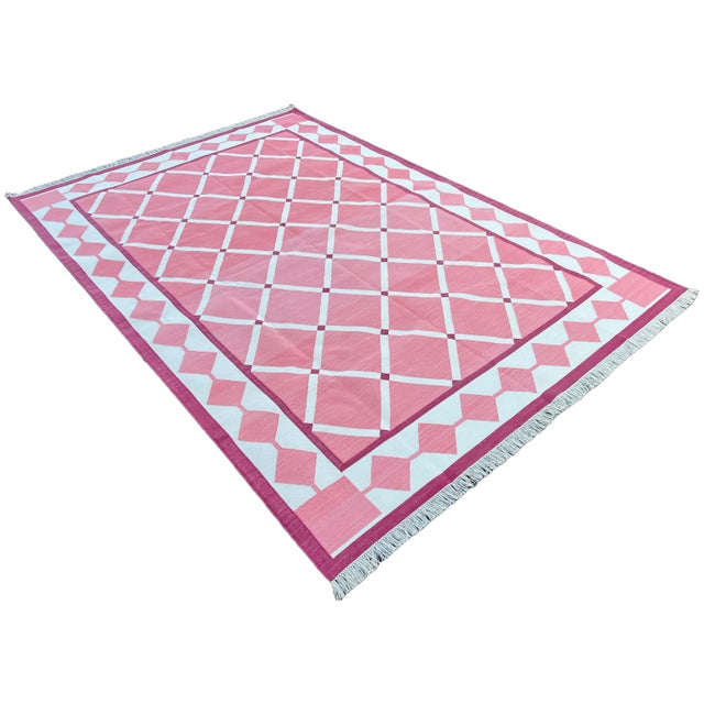 Mid-Century Modern Handmade Cotton Natural Vegetable Dyed Reversible Pink and White Checked Tile Rug - 12'x15' For Sale - Image 3 of 11