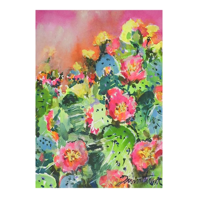 Contemporary Bright Hot Pink Cactus Flowers Watercolor Painting For Sale