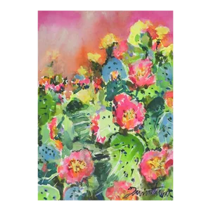 Contemporary Bright Hot Pink Cactus Flowers Watercolor Painting