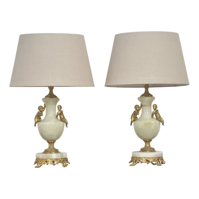 Metal Mounted Onyx Table Lamps, 1920s, Set of 2 For Sale