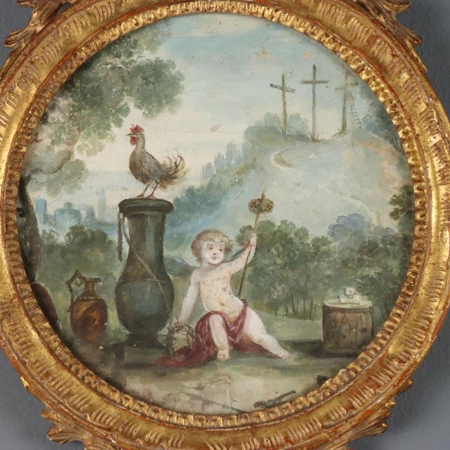 Cherubs and Symbols of the Passion, 18th Century, Oil Paintings on Paper, Framed, Set of 2 For Sale - Image 6 of 12