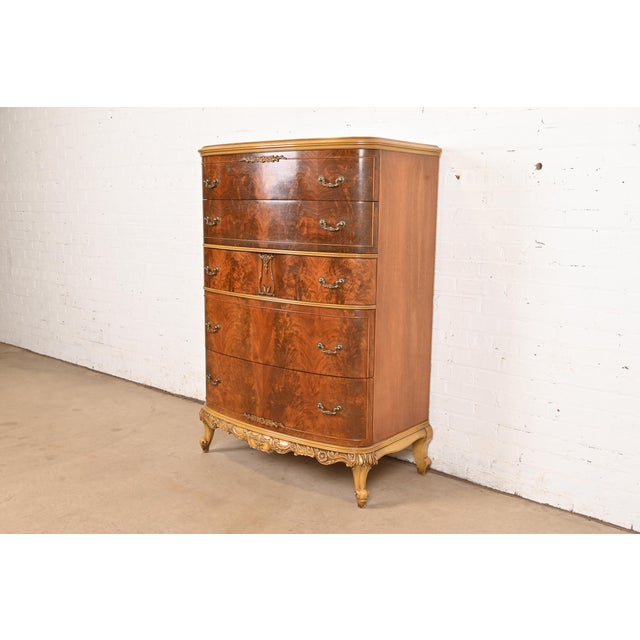 French Provincial Romweber Style French Provincial Louis XV Flame Mahogany and Parcel Painted Dresser, Circa 1920s For Sale - Image 3 of 12
