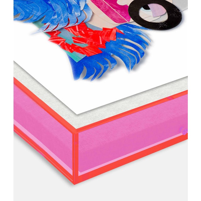 Iris with Blue Feather Cape by Melvin G in Neon Pink Acrylic Shadow Box, Small Art Print Overall Size: 14x16. Image Size:...