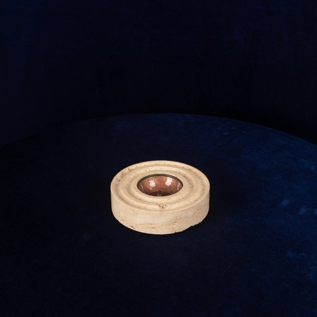 Stone Italian Round Travertine and Copper-Toned Metal Ashtray, 1970 For Sale - Image 7 of 18