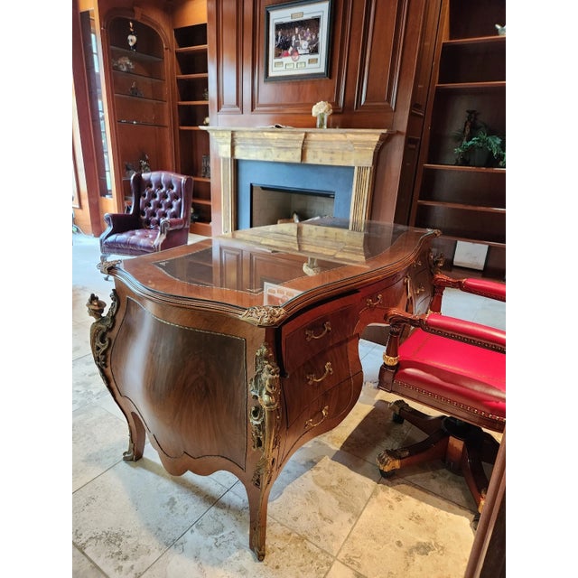 French Louis XV Rococo Bombe Inlay Burlwood Parquetry Office Desk ...