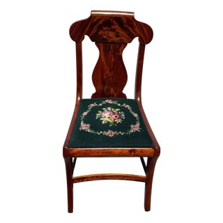 1940s Flame Mahogany Empire Side Chair Original Needlepoint Seat Refurbished For Sale