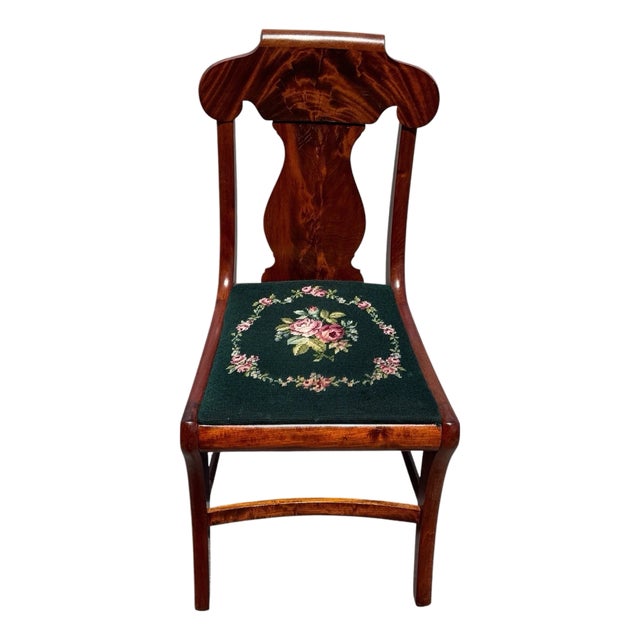 1940s Flame Mahogany Empire Side Chair Original Needlepoint Seat Refurbished For Sale
