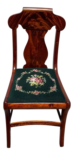 1940s Flame Mahogany Empire Side Chair Original Needlepoint Seat Refurbished