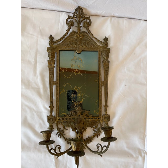 Vintage 1960s Brass Neoclassical Motif by Nb & Iw Gilded Rectangle Mirror Triple Arm Candelabra Sconce For Sale - Image 10 of 10