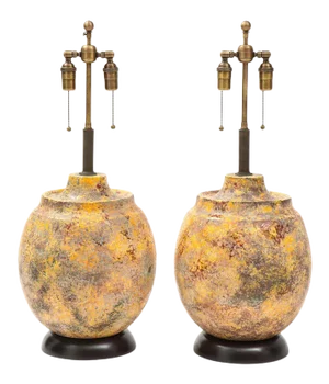 Large Italian Ceramic Lamps With "Scavo" Glazed Finish - a Pair