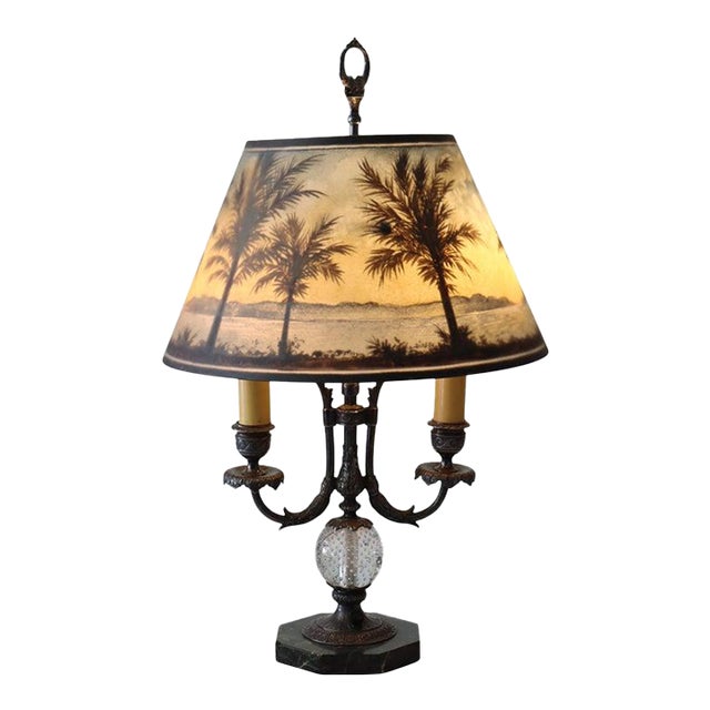 Rare Antique Pairpoint Arts & Crafts Reverse Painted Moonlit Bay Landscape Lamp For Sale