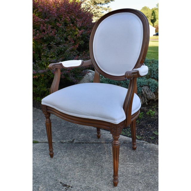 Ethan Allen Ethan Allen Walnut Armchair Oval Back Louis XVI Carved French Accent For Sale - Image 4 of 18