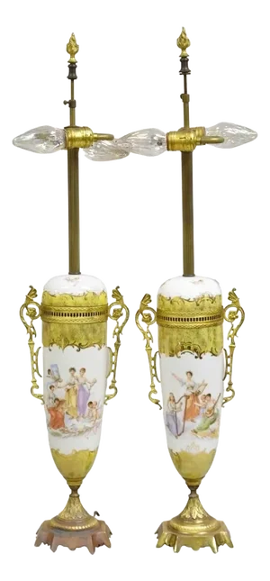 Early 20th Century French Louis XV Hand Painted Porcelain Sevres Women Musicians Table Lamp - Pair