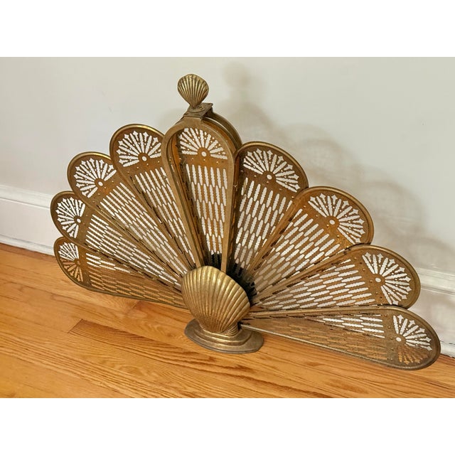 Vintage Brass Peacock Folding Fireplace Screen With Shell Motif For Sale - Image 4 of 12