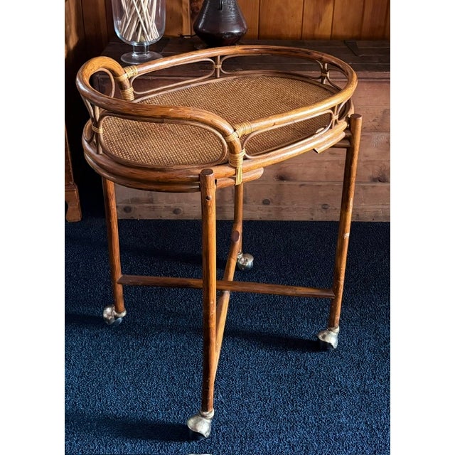 Mid Century Bent Rattan and Wicker Bar Cart With Removable Rattan and Wicker Tray For Sale - Image 4 of 9