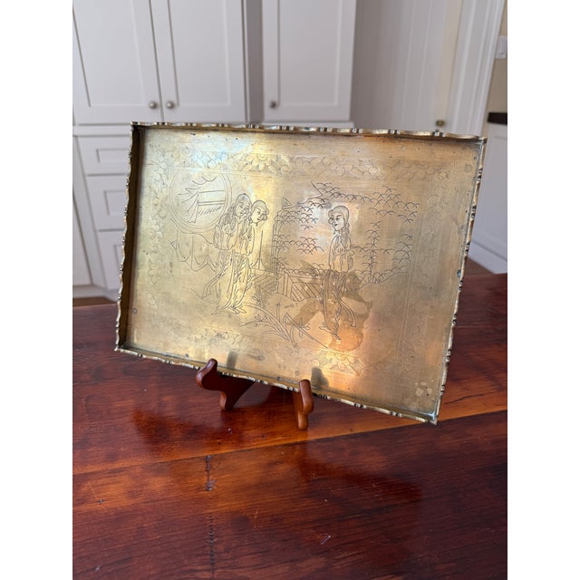 Stunning Antique Early 20th Century Engraved Chinese Brass Opium Tray With Scalloped Rim. This lovely brass tray is a fine...