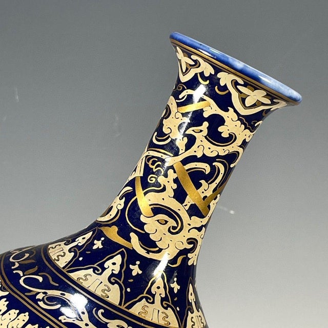 Ceramic Vintage Chinese Blue Ground Gilt Dragon Vase With Old Museum Label For Sale - Image 7 of 9