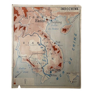 Vintage School Map of Indochina and Madagascar, 1950s For Sale