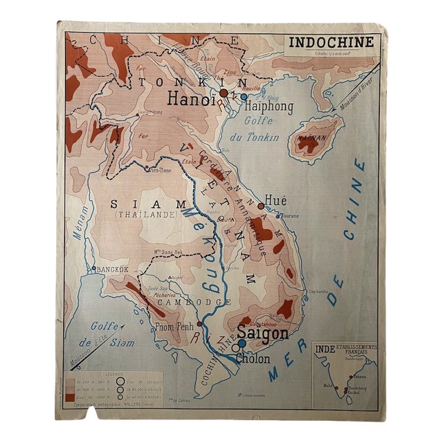Vintage School Map of Indochina and Madagascar, 1950s For Sale