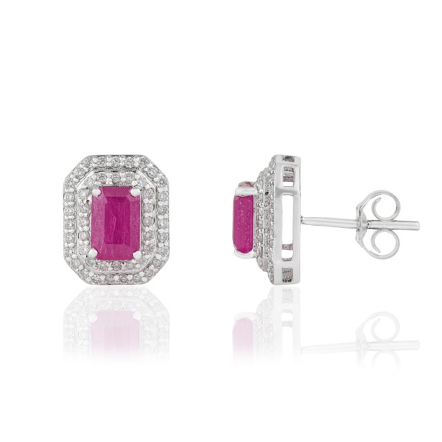 Contemporary 1.64ct Ruby & Double Halo Diamond Earrings in 14k Gold- 2 Pieces For Sale - Image 4 of 17