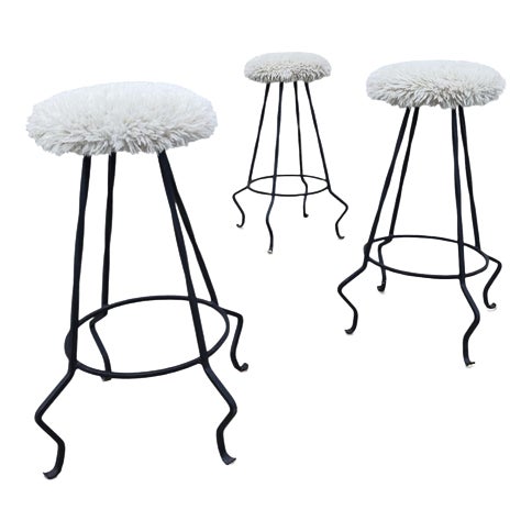 Steel and Wool Barstools, Set of 3 For Sale