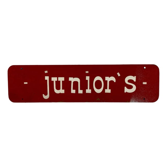 Vintage "Junior's" Rectangular Wall Sign in Firetruck Red With White Font For Sale