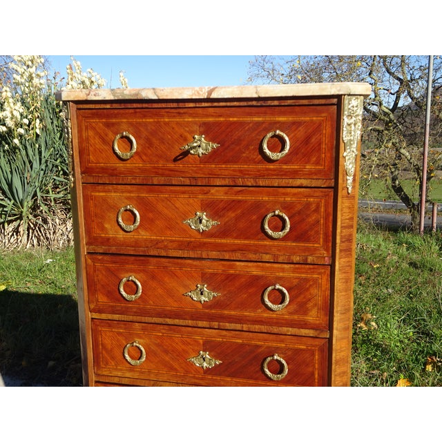 Louis XVI Marquetry Chest of Drawers in Wood with Bronze and Marble For Sale - Image 10 of 18