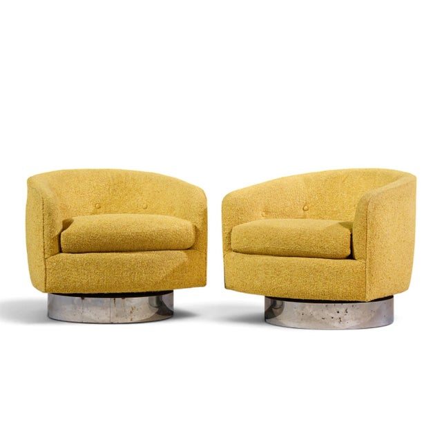 Mid-Century Modern Milo Baughman for Thayer Coggin Roxy Mid Century Chrome Barrel Swivel Lounge Chairs - Pair For Sale - Image 3 of 12