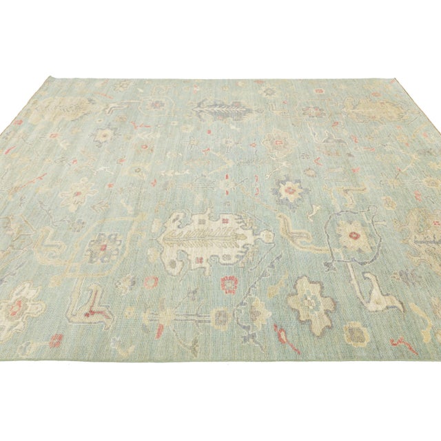 8x10 Modern Sage Green Oushak Style Hand-Knotted Wool Area Rug - Pastel Floral For Sale - Image 10 of 11