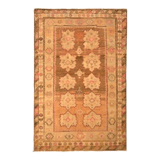 Hand-Knotted Vintage Oushak Rug Beige Brown Peach Geometric Pattern For Sale