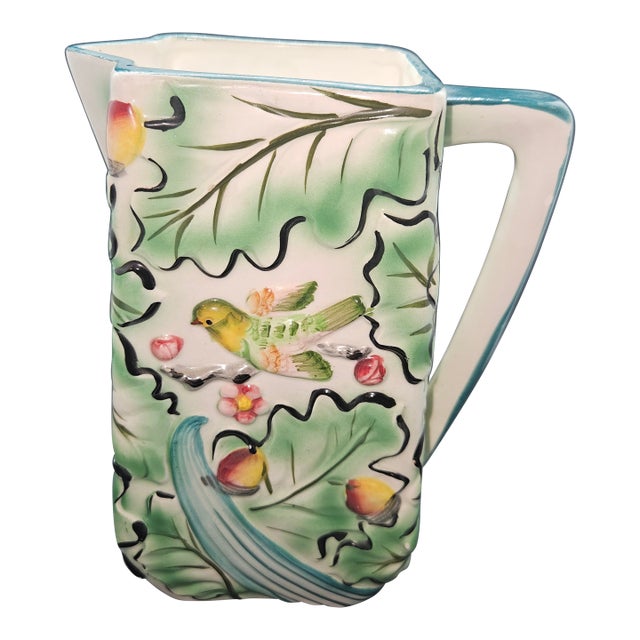 Vintage 1960's Majolica Nature Inspired Pitcher For Sale