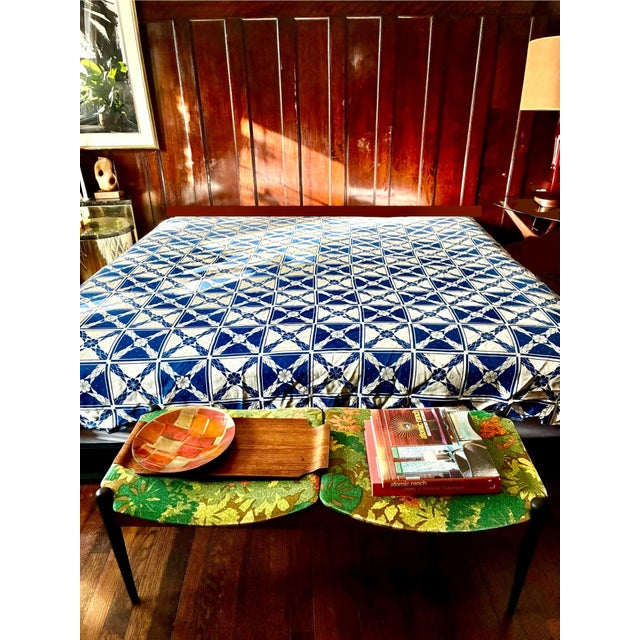 Late 1800s Early 1900s Loom Woven Coverlet / Blue and White Geometric and Floral Design For Sale - Image 4 of 5