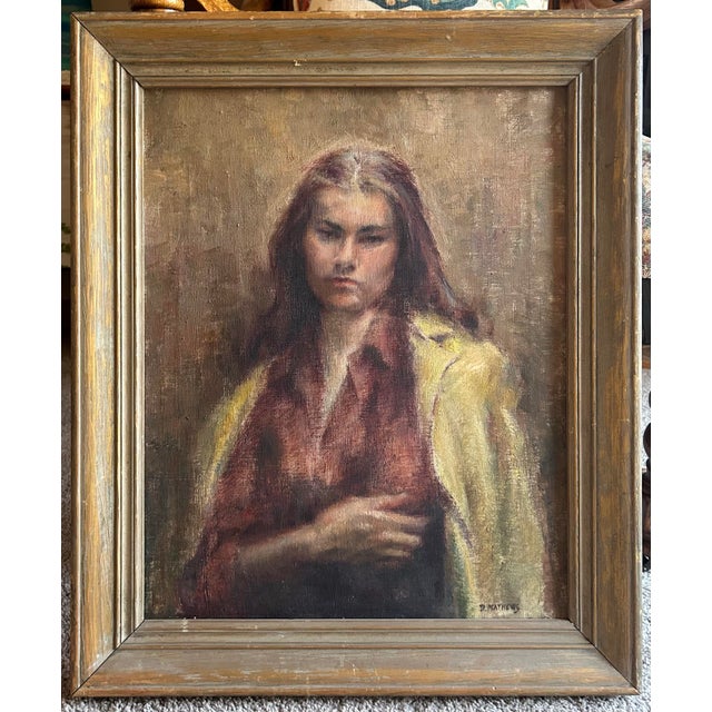 Original vintage portrait of a woman, oil paint on canvas. Signed D. Mathews to the lower right corner. On the back...