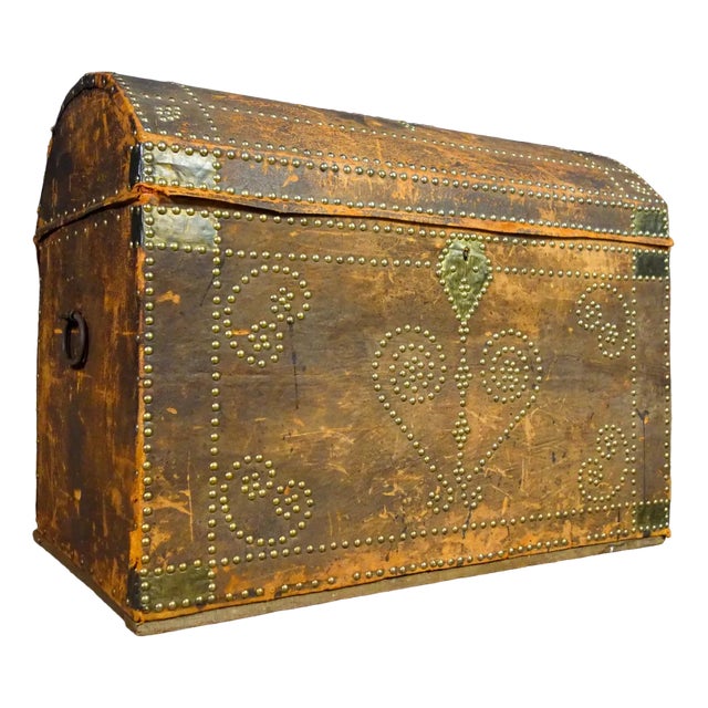 Brocante Swedish Bridal Box in Leather, 19th Century For Sale