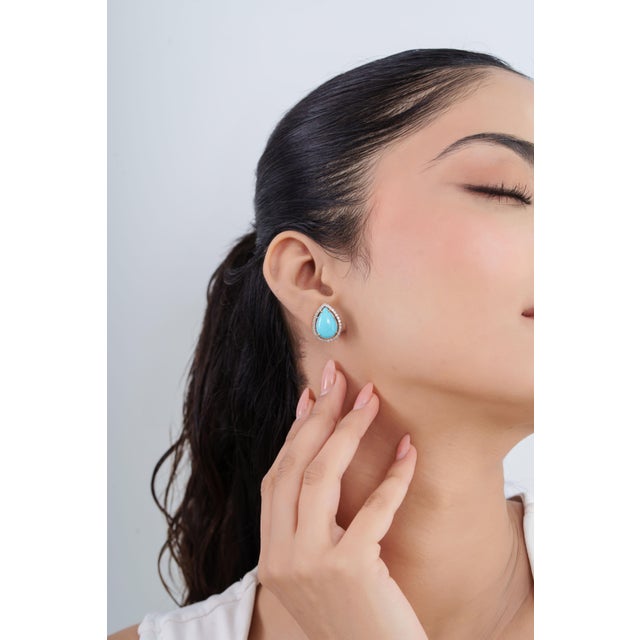 Turquoise 8.88ct Sleeping Beauty Turquoise Solitaire Halo Diamond 14k Gold Earrings- A Pair For Sale - Image 8 of 15