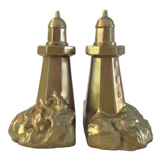 1970s Brass Plated Lighthouse Bookends, a Pair For Sale