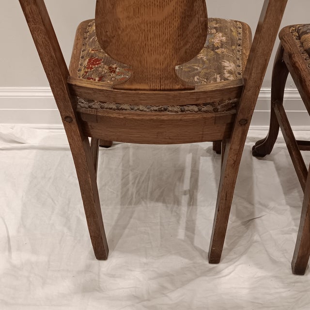 Antique Quarter Sawn Oak Side Chairs With Hand Carved Motif on Each Side and Nailhead Stud Surround Tapestry Seat and Claw Feet For Sale - Image 13 of 18