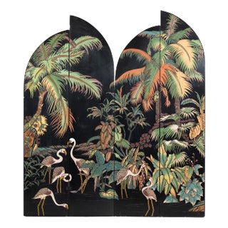 Four-Panel Screen with Curved Design and Raised Bird Decor For Sale