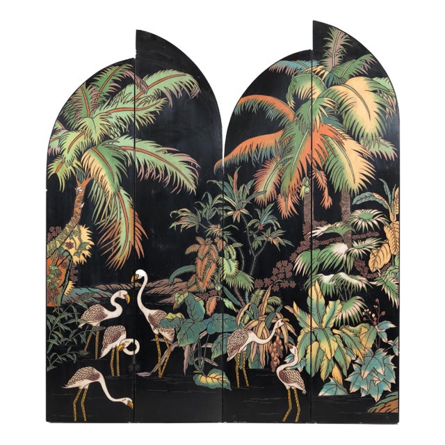 Four-Panel Screen with Curved Design and Raised Bird Decor For Sale