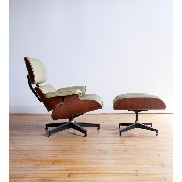 Mid-Century Modern Herman Miller Eames Lounge Chair and Ottoman, Sage Green Leather, 1963 For Sale - Image 3 of 13