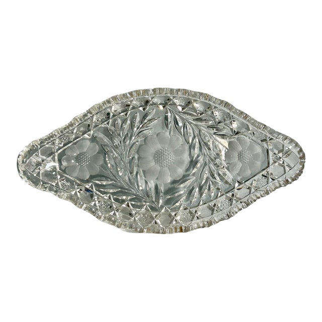 Vintage American Brilliant Period Cut Crystal Glass Oval Scalloped Edge Dish For Sale