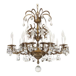 Massive Antique 20 Light Brass Lead Glass Crystal Chandelier ~ Pair Available For Sale