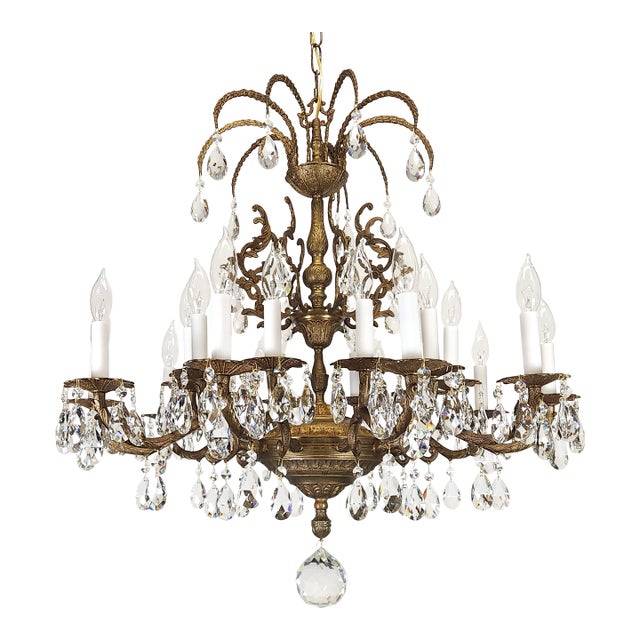 Massive Antique 20 Light Brass Lead Glass Crystal Chandelier ~ Pair Available For Sale
