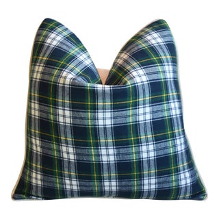 Green, Blue & White Tartan Plaid Feather/Down Pillow 21" Square For Sale